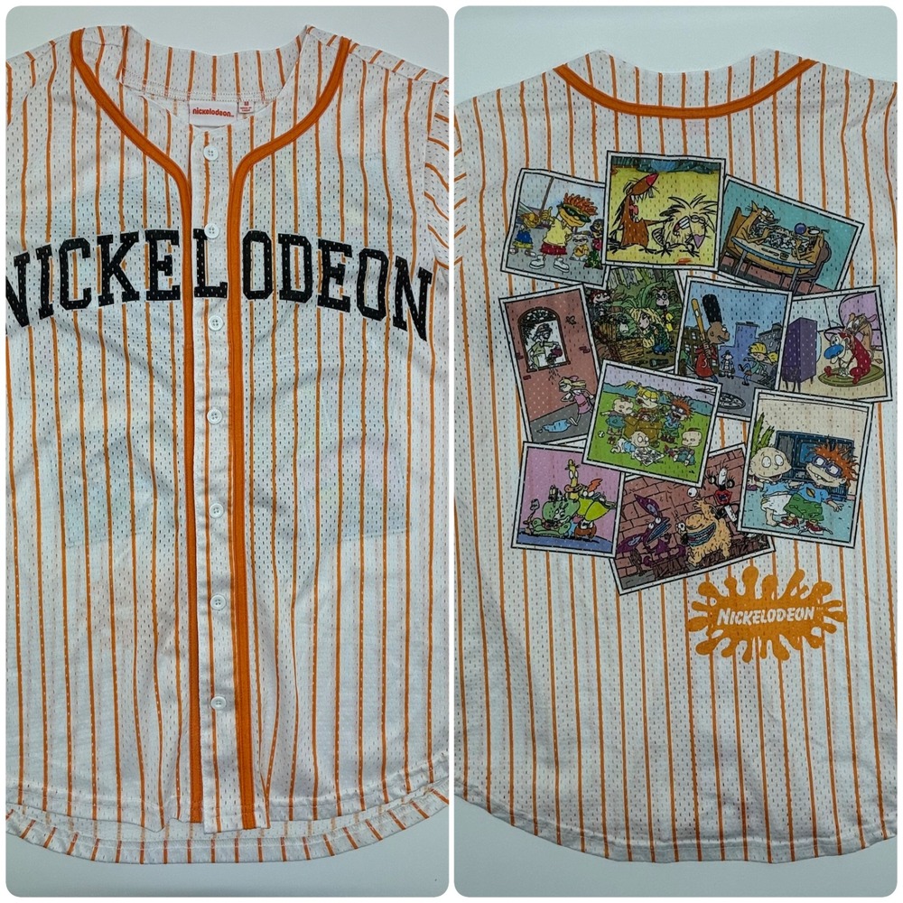 Nickelodeon Baseball Jersey White Orange Striped Rugrats Ren and Stimpy Sz M